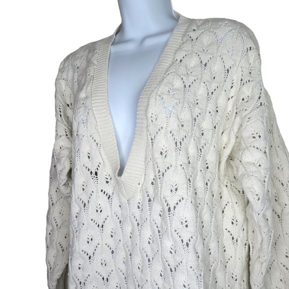 Vintage 80s Harot Pullover Cotton Sweater L White Open Knit V Neck Made in USA - Picture 3 of 10